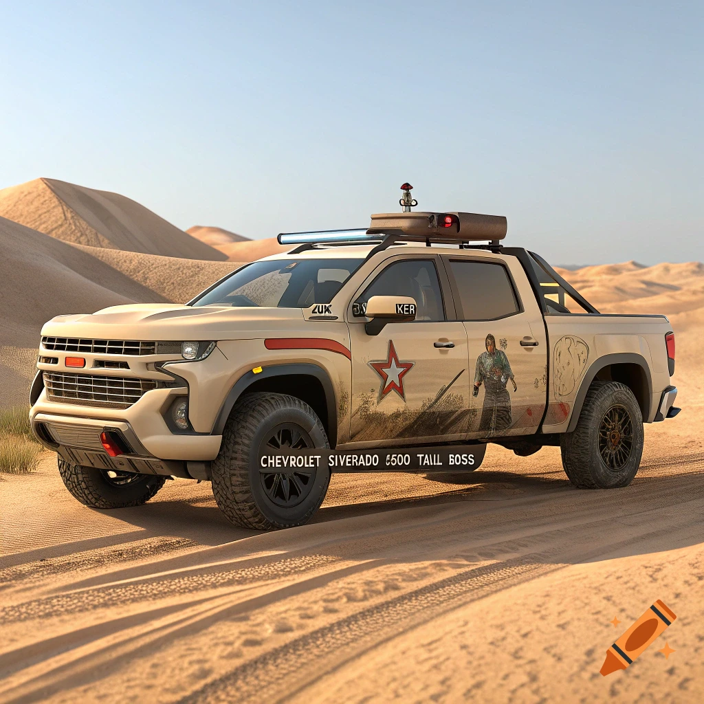 A custom themed Chevrolet Silverado truck is parked in a desert landscape.