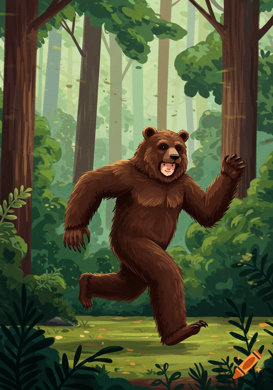 A person in a brown bear costume runs through a green forest clearing. Illustrated style.