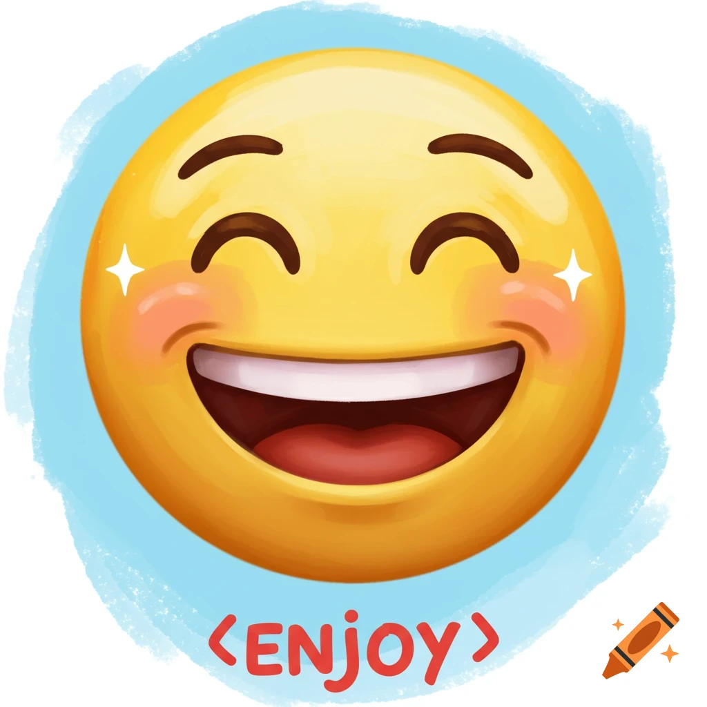 A large yellow emoji with a wide grin and rosy cheeks, eyes closed in happiness, with the text "<ENJOY>" below it on a blue watercolor background.