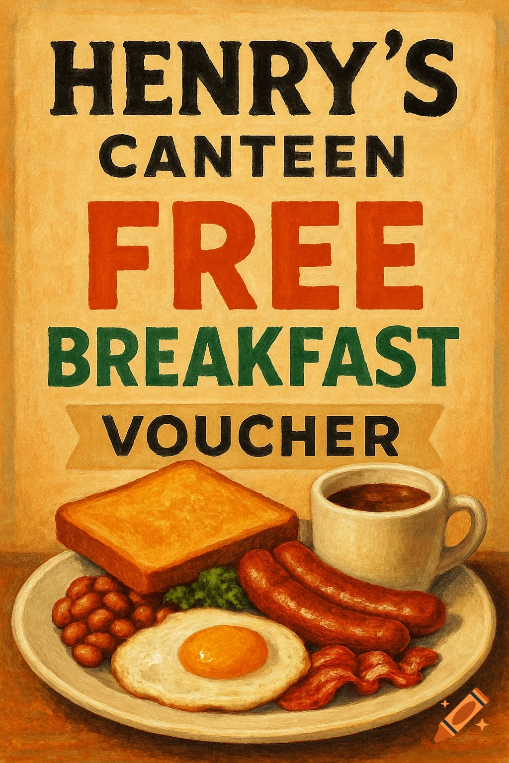 A textured sign for Henry's Canteen Free Breakfast Voucher above a plate of breakfast food.