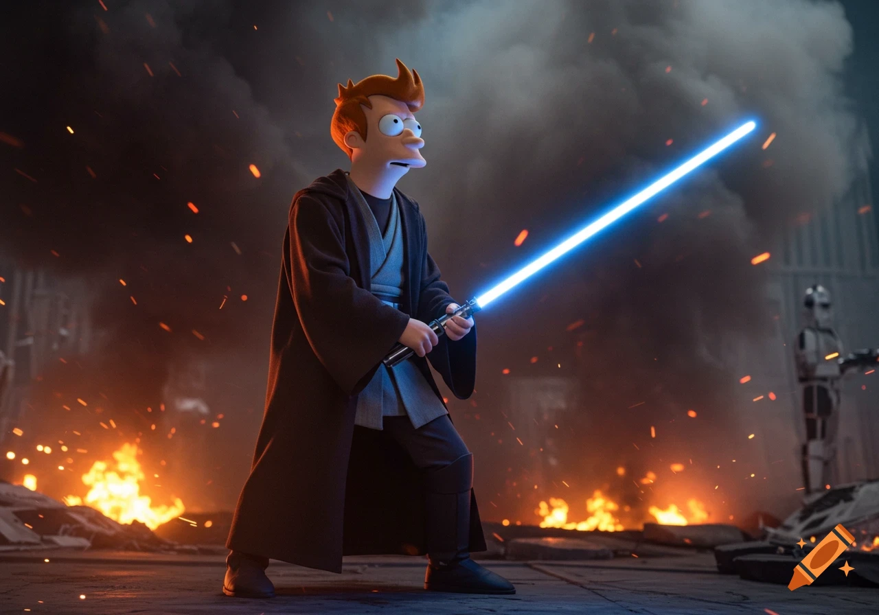Fry from Futurama dressed as a Jedi, holding a glowing blue lightsaber in a dramatic battle scene with fire and smoke.