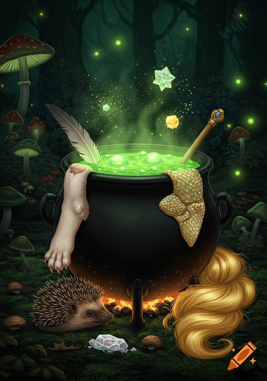 A bubbling cauldron in a dark forest with strange ingredients, magical glow, and a hedgehog nearby.