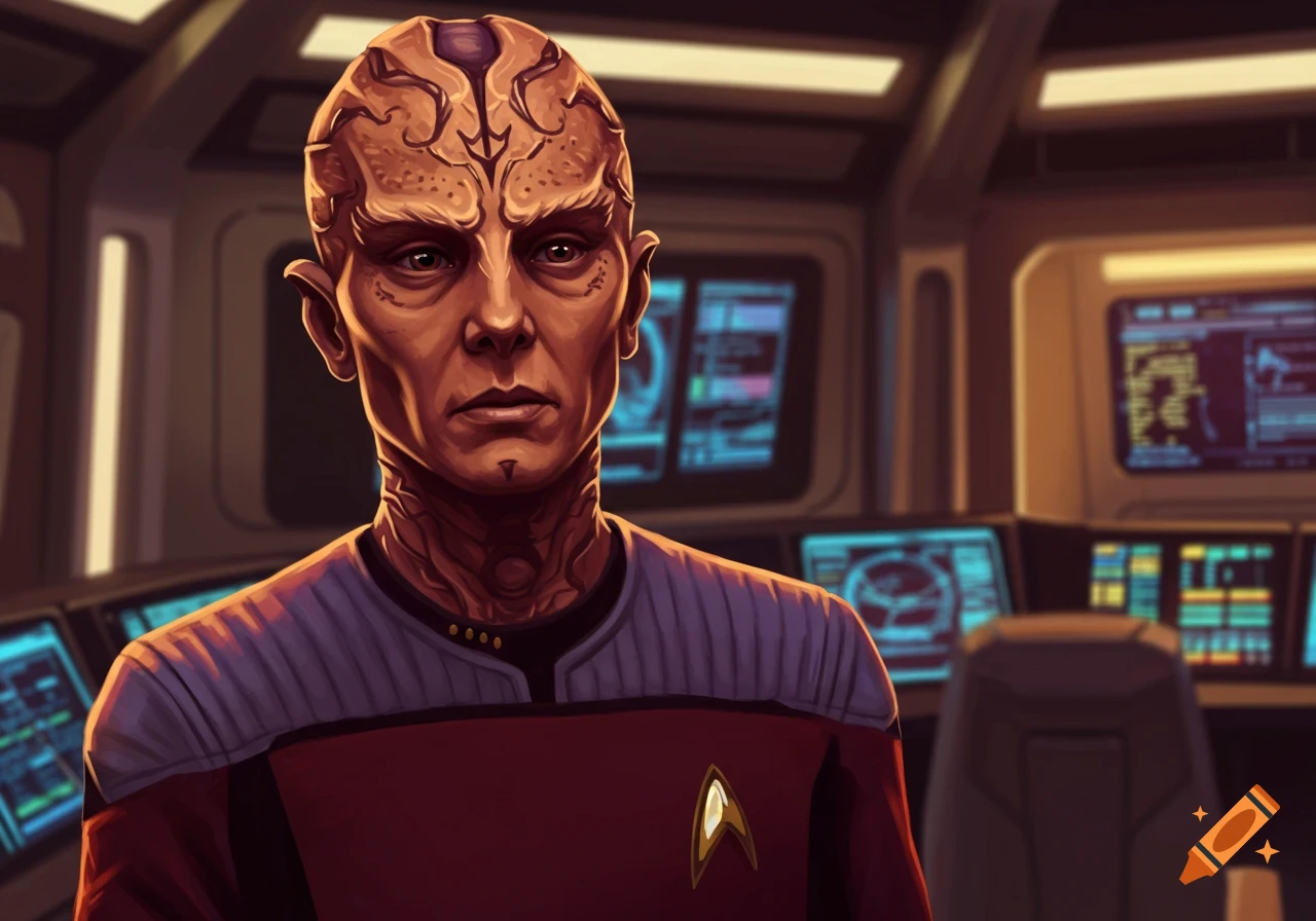 Illustration of a Star Trek alien captain on a spaceship bridge.