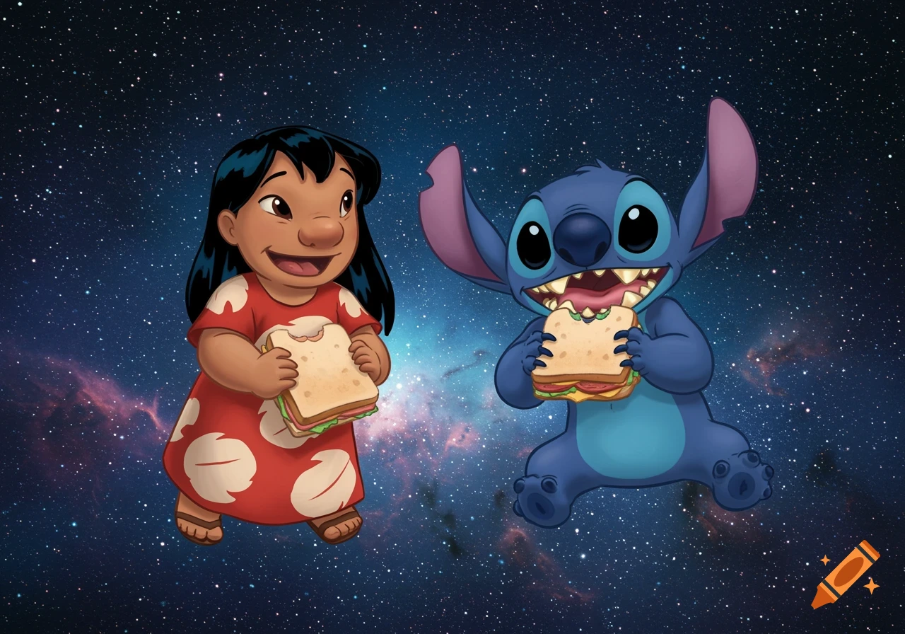 Lilo and Stitch floating in space eating sandwiches