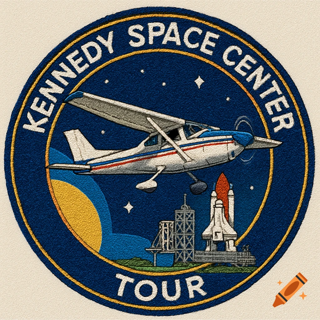 mission-patch-featuring-a-small-airplane-flying-over-a-launch-complex