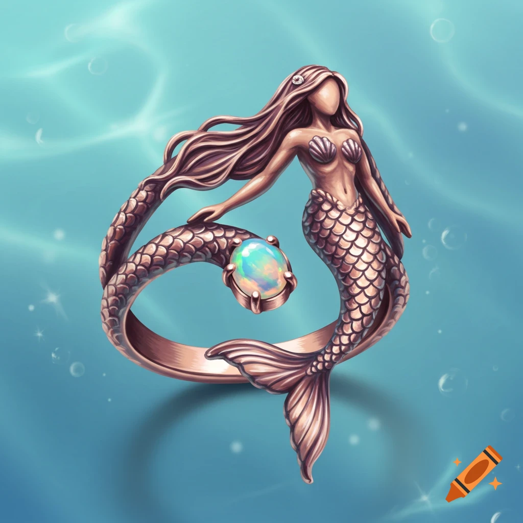 A bronze ring shaped like a mermaid holding an iridescent opal stone, against a blue watery background.