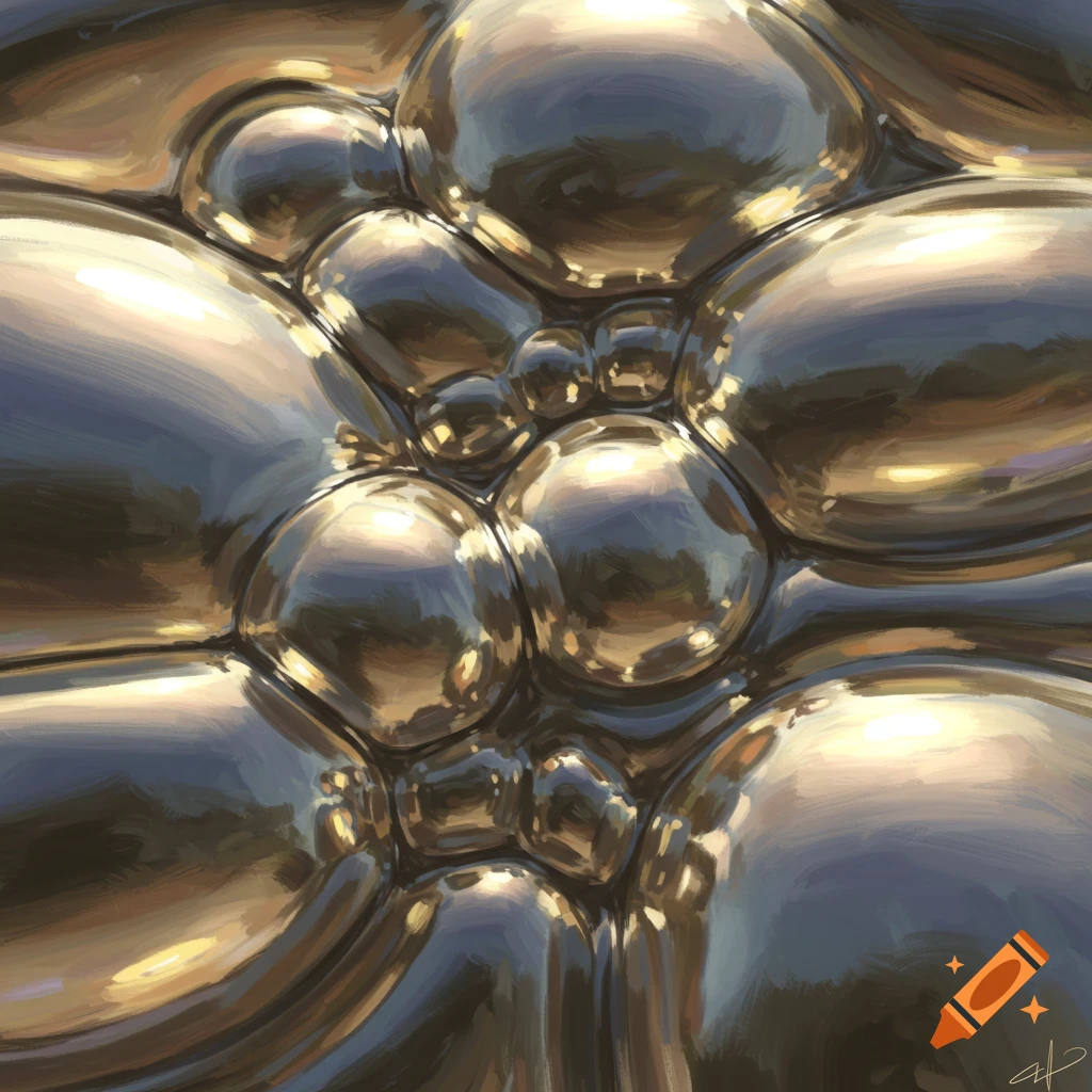 Abstract pattern of shiny metallic bubbles reflecting light.