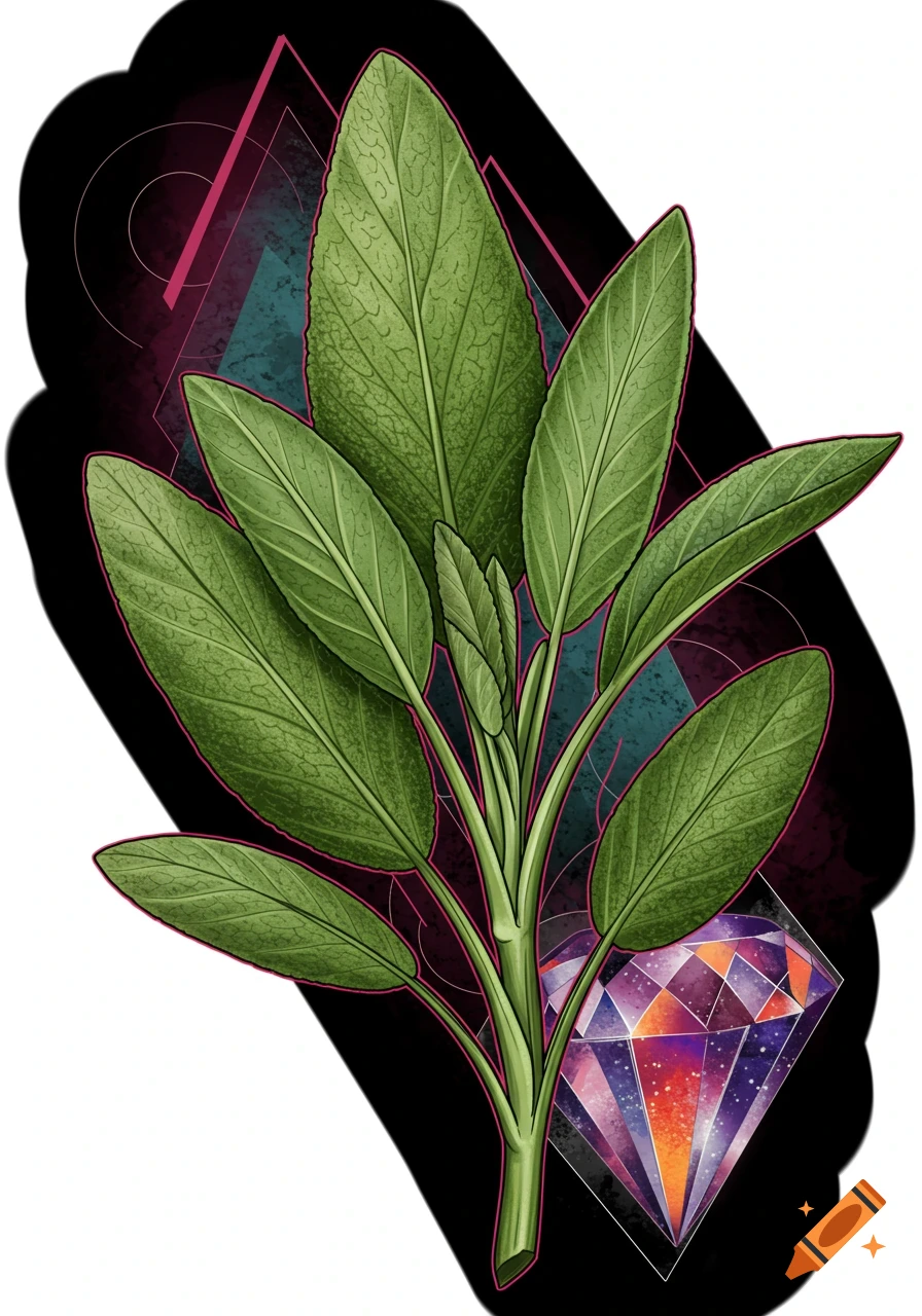 Sage leaf plant and geometric diamond tattoo design.