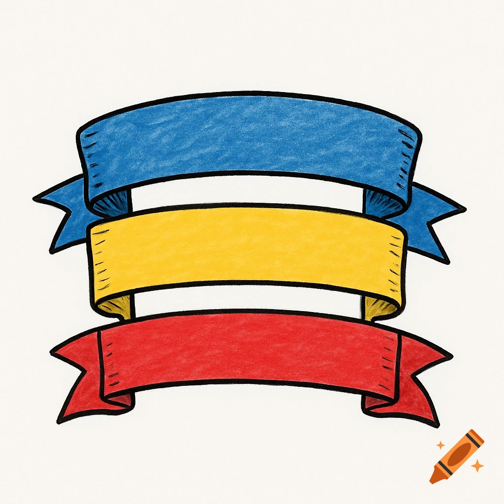 Illustration of a blue, yellow, and red three-layered ribbon banner on a white background in a colored pencil style.