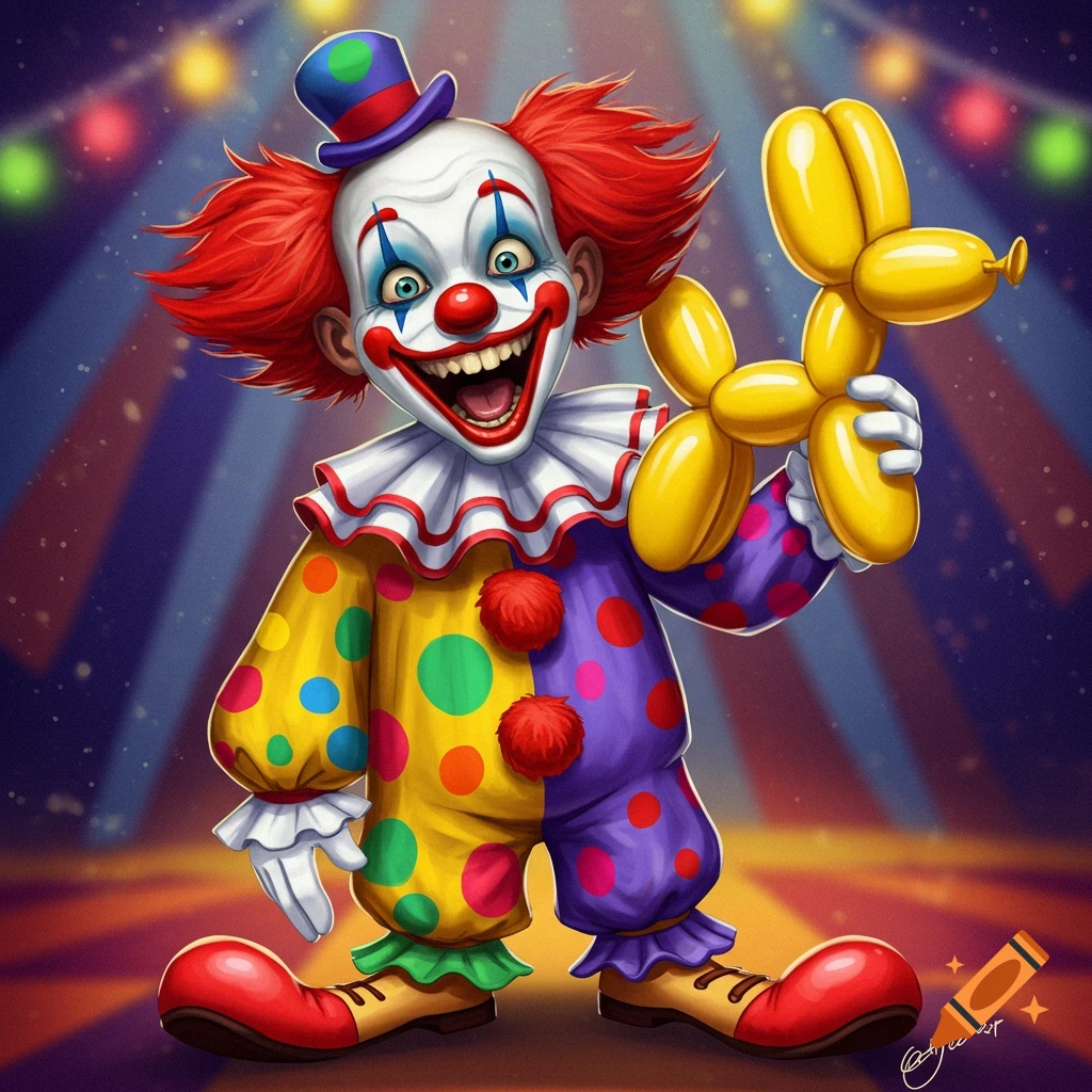 A cheerful cartoon clown in a colorful costume holds a yellow balloon animal dog in a circus tent.