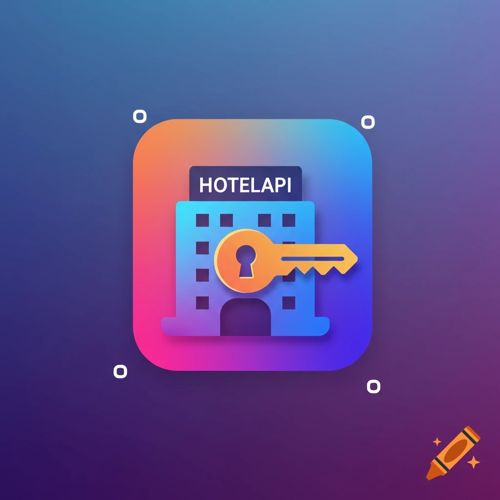 Graphic icon of a hotel with a key and 'HOTELAPI' label
