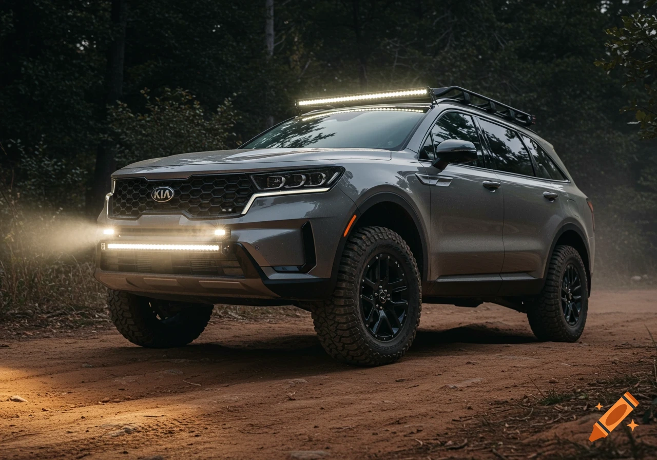 A grey Kia Sorento SUV with off-road modifications, lift kit, and LED light bars on a dirt road in a forest.