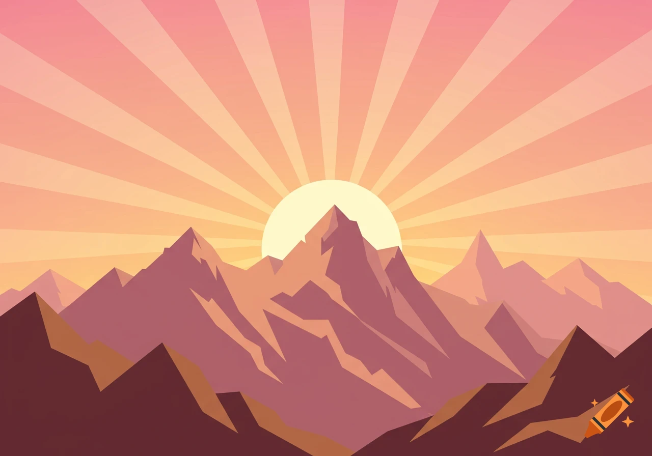 Vector illustration of mountains at sunrise with sun rays.