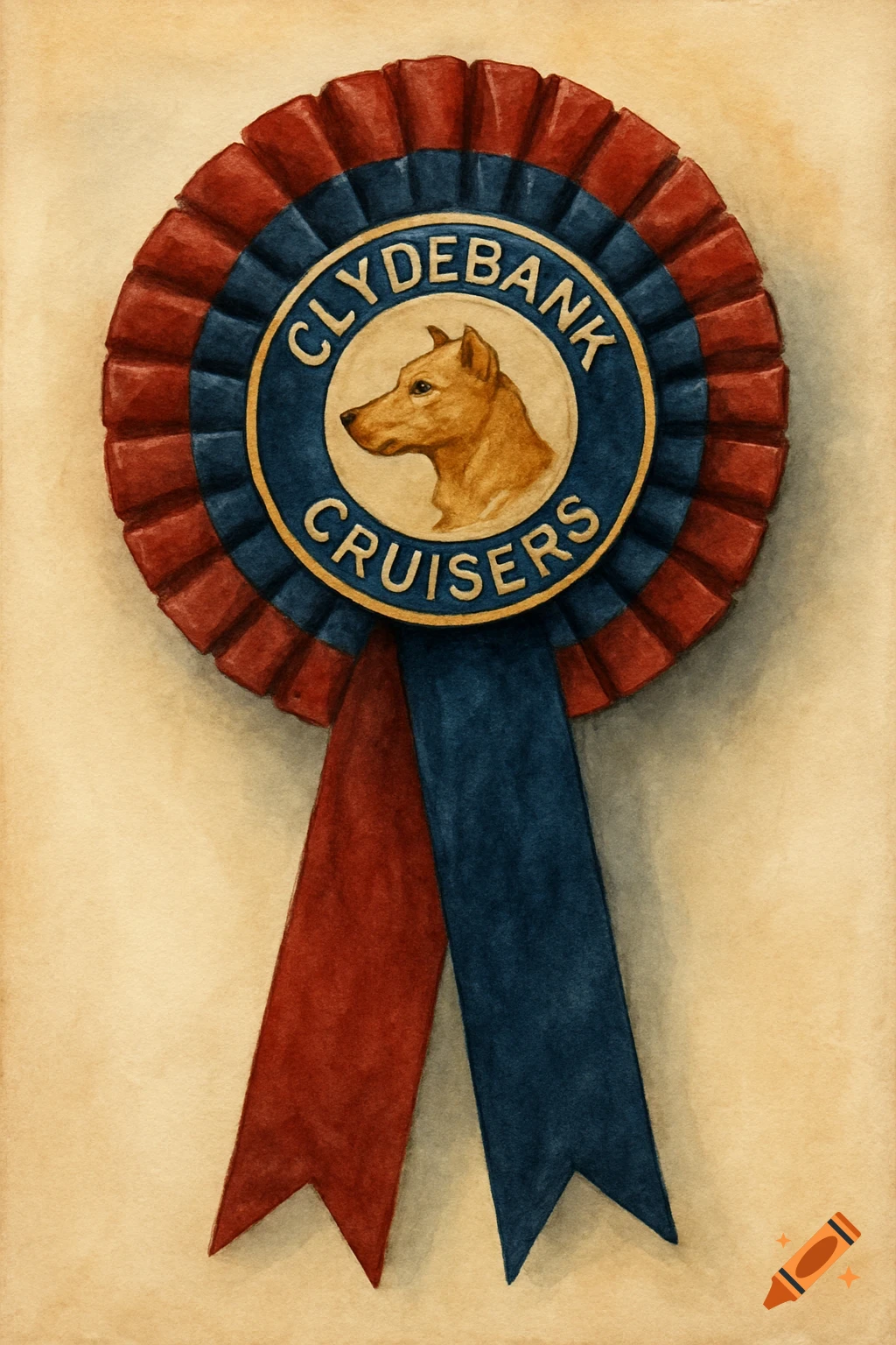 Watercolor illustration of a red, white, and blue rosette award with a dog's head and text 'CLYDEBANK CRUISERS'.