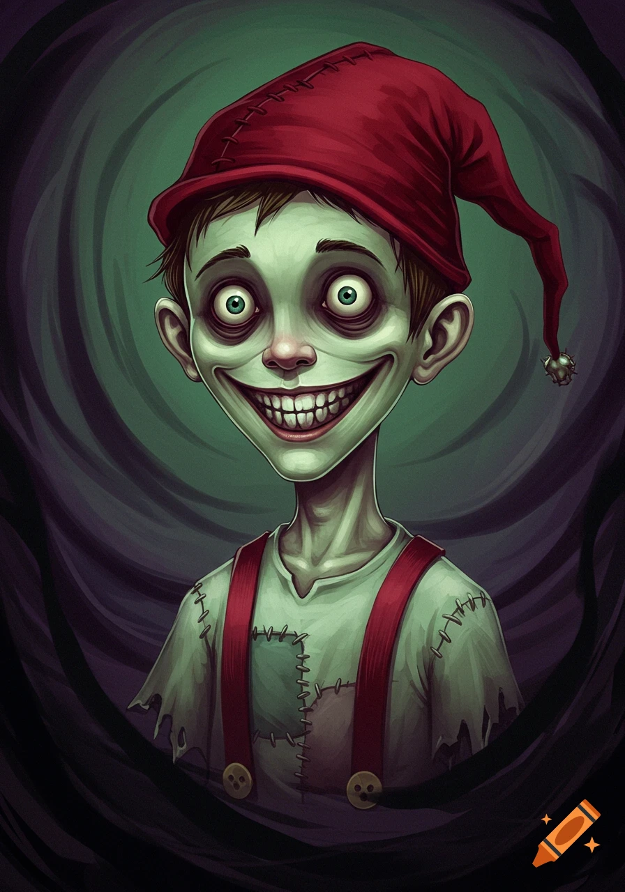 Illustration of a creepy child figure with wide eyes and a toothy grin wearing a red hat and overalls