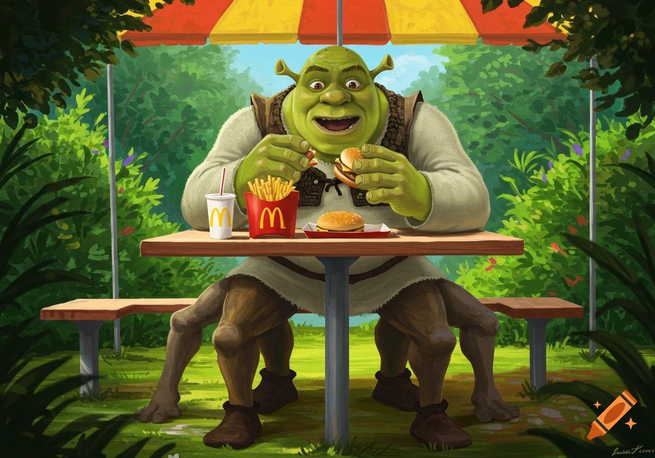 Shrek, a green ogre, eats a hamburger and fries from McDonald's at an outdoor table. He has four legs.