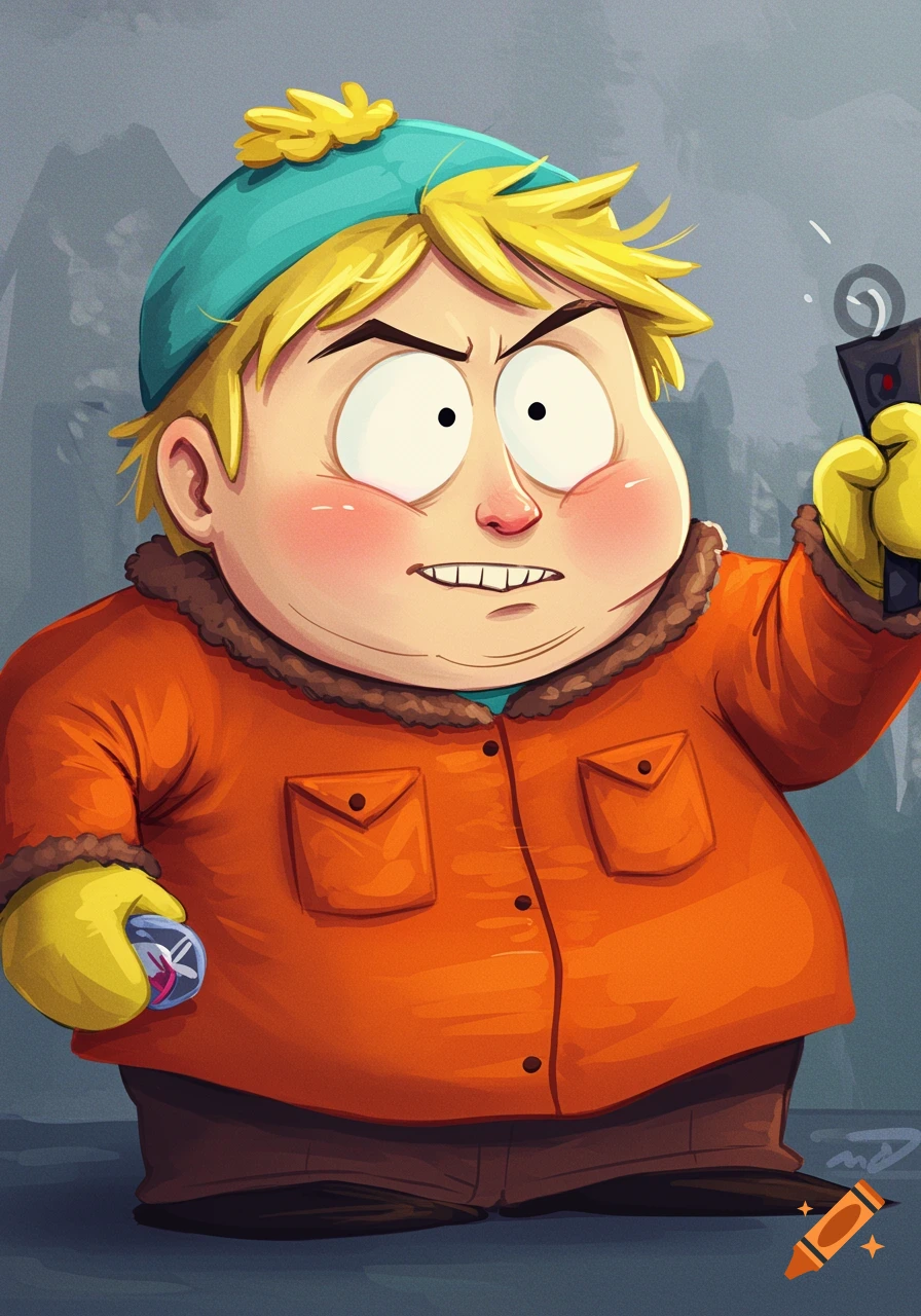 Cartoon drawing of a character resembling Cartman from South Park holding objects, looking angry.