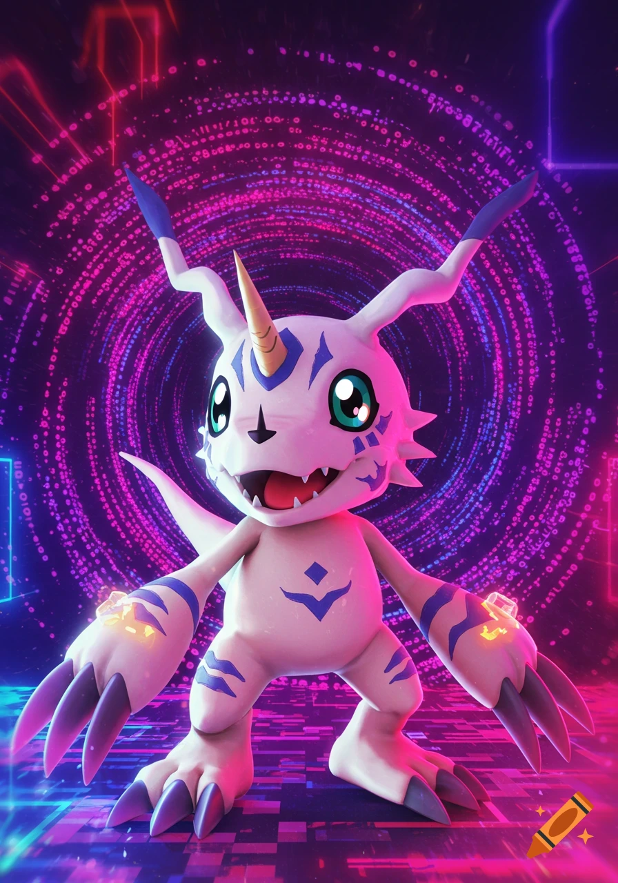 A white and blue Digimon character stands in a vibrant purple digital network background.