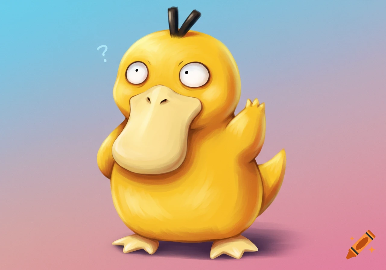 A cartoon illustration of the Pokémon Psyduck looking confused, with a ...