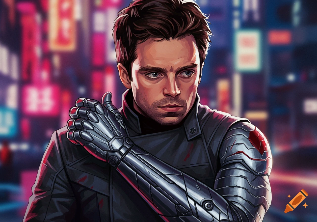 Illustration of Bucky Barnes with a cybernetic arm against a neon city background.