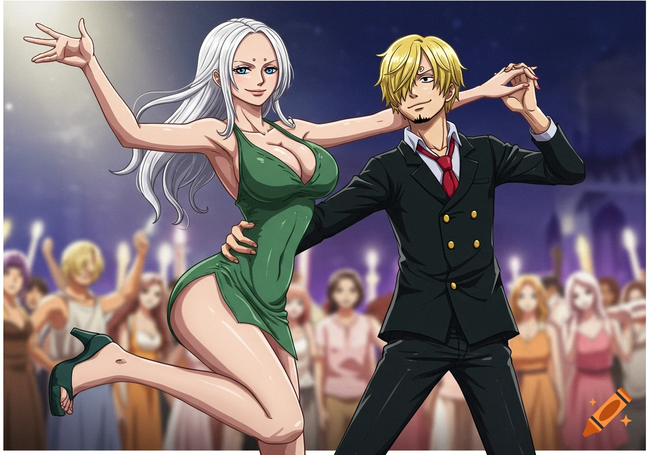 Anime art of a white-haired woman in a green dress dancing with a blonde man in a suit against a blurred crowd background.