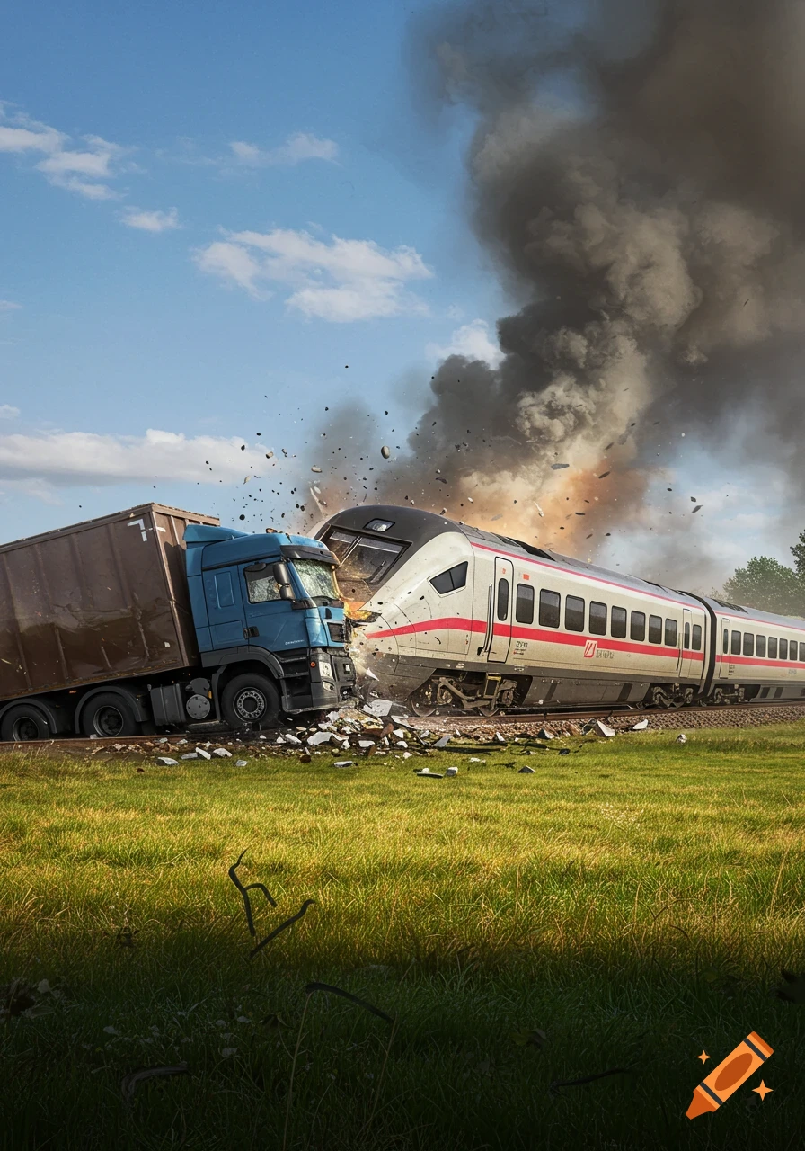 Photorealistic image of a train colliding head-on with a truck, surrounded by smoke and debris.