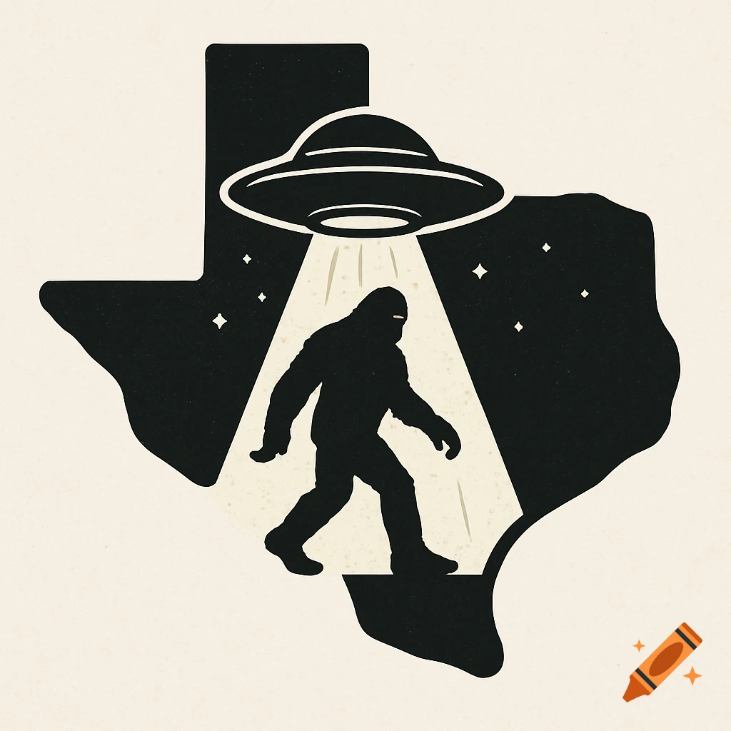 Illustration of Bigfoot silhouette inside the Texas outline, illuminated by a UFO beam at night.