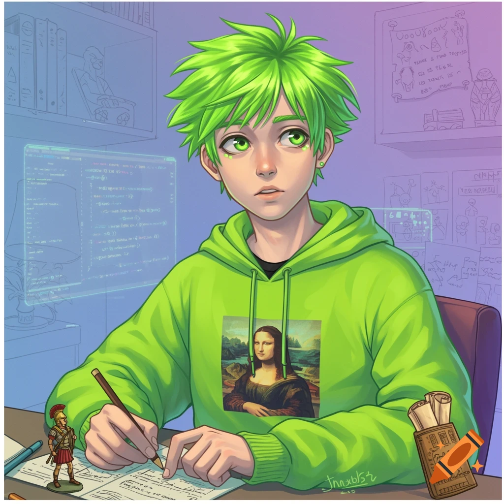 An anime boy with lime green hair sits at a desk, writing while a screen shows code, surrounded by history items.