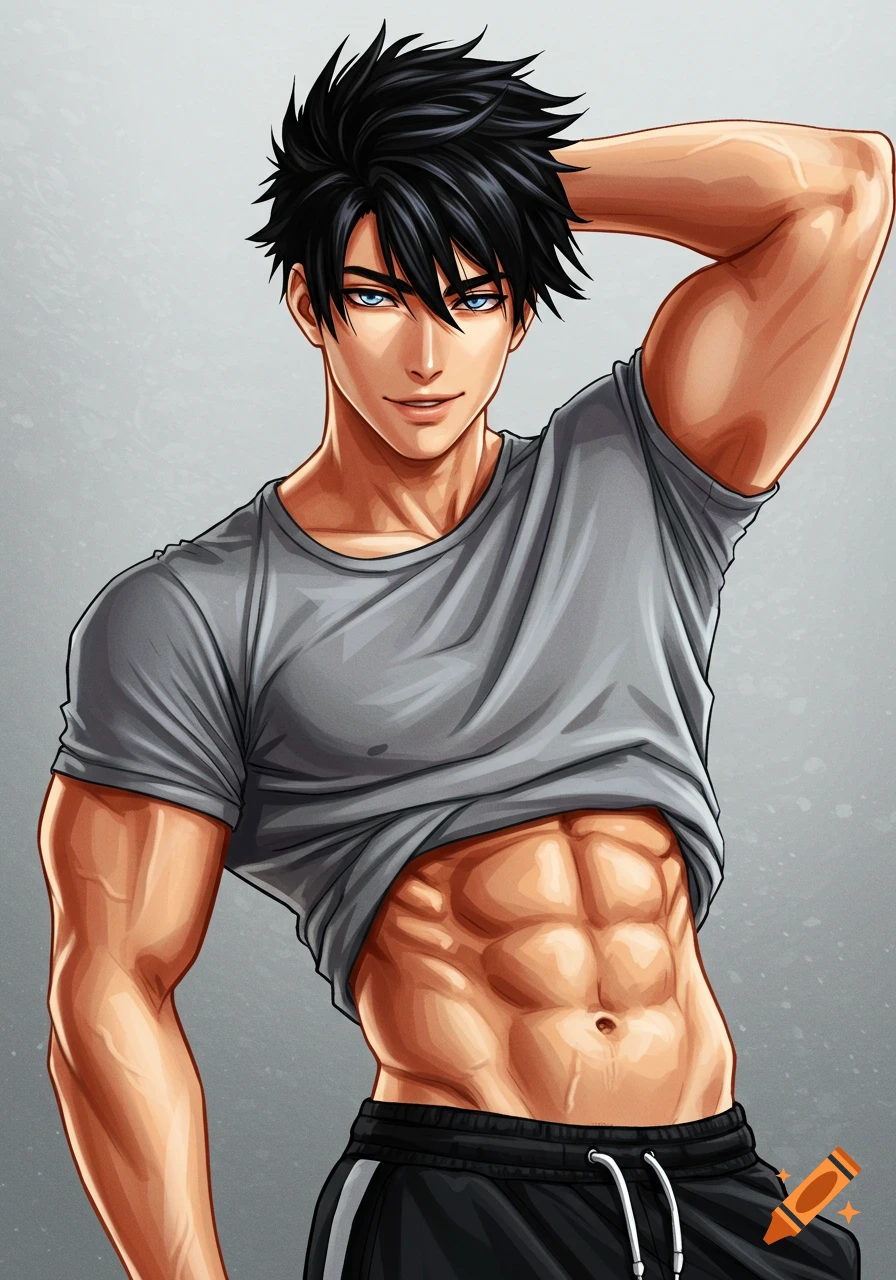 Anime illustration of a young man lifting his grey t-shirt to reveal his abs. He has black spiky hair and blue eyes.