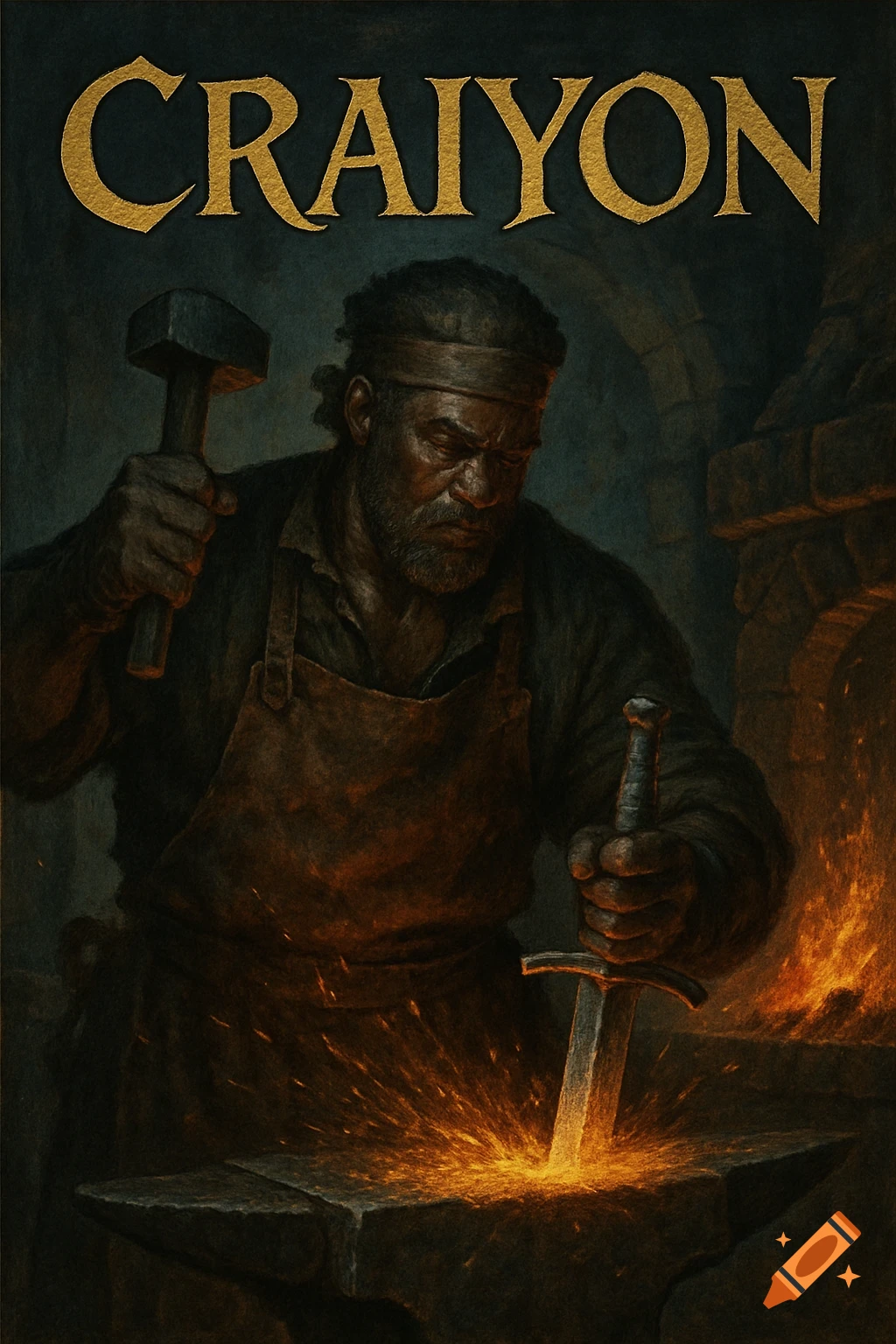 Fantasy art of a blacksmith forging a glowing sword. Text 'CRAIYON' at top.