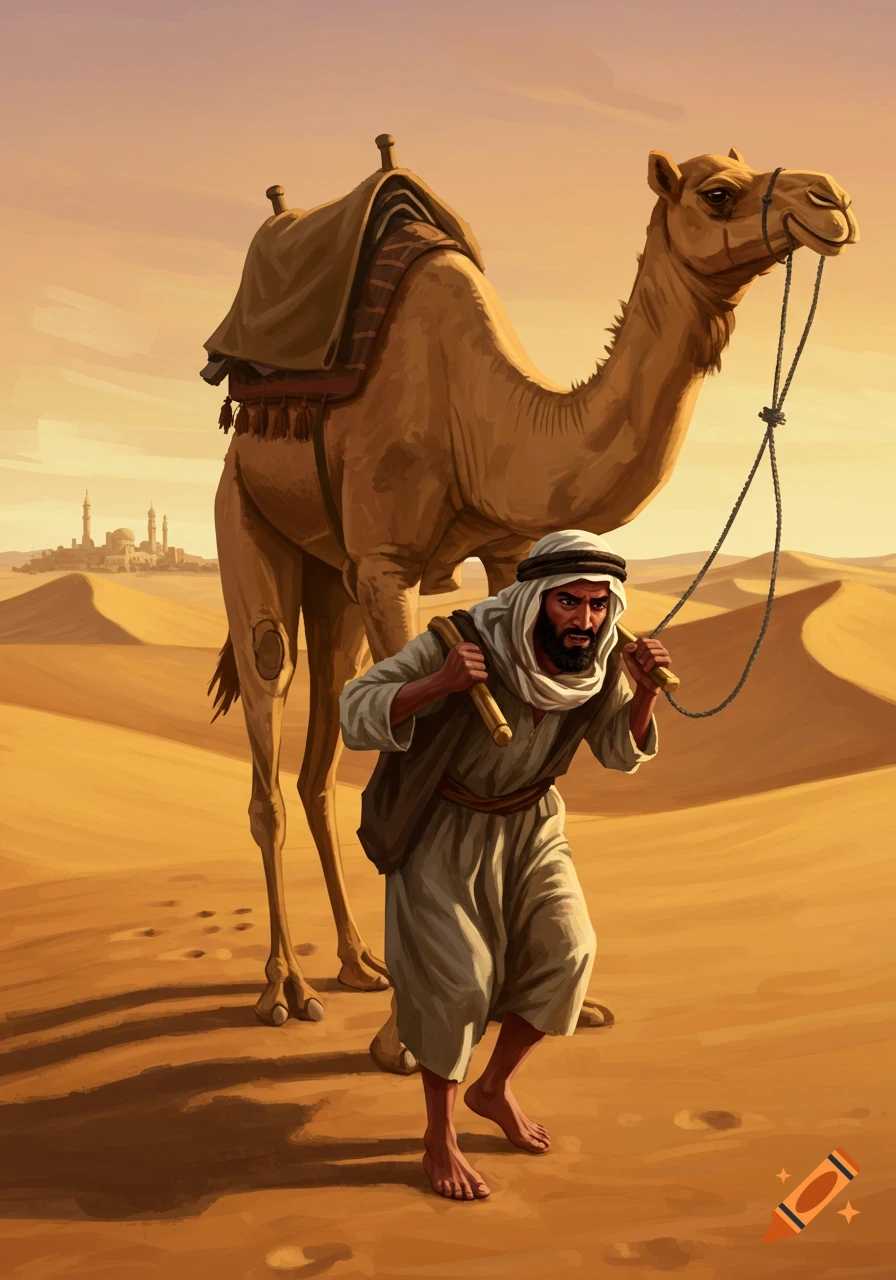 Illustration of a man carrying a camel through a sandy desert landscape.