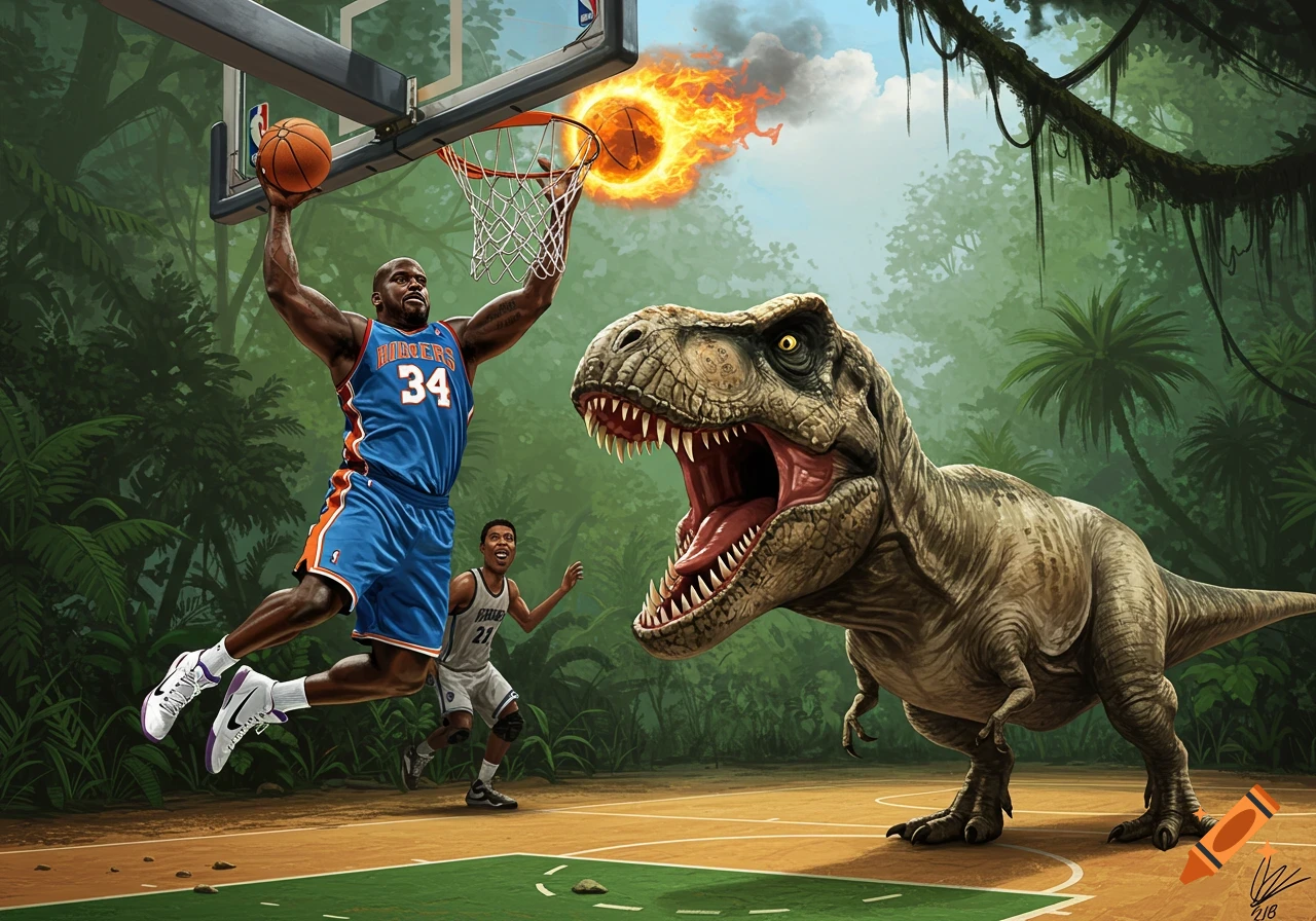 Basketball player resembling Shaquille O'Neal dunks a flaming ball near a T-Rex on a jungle court.