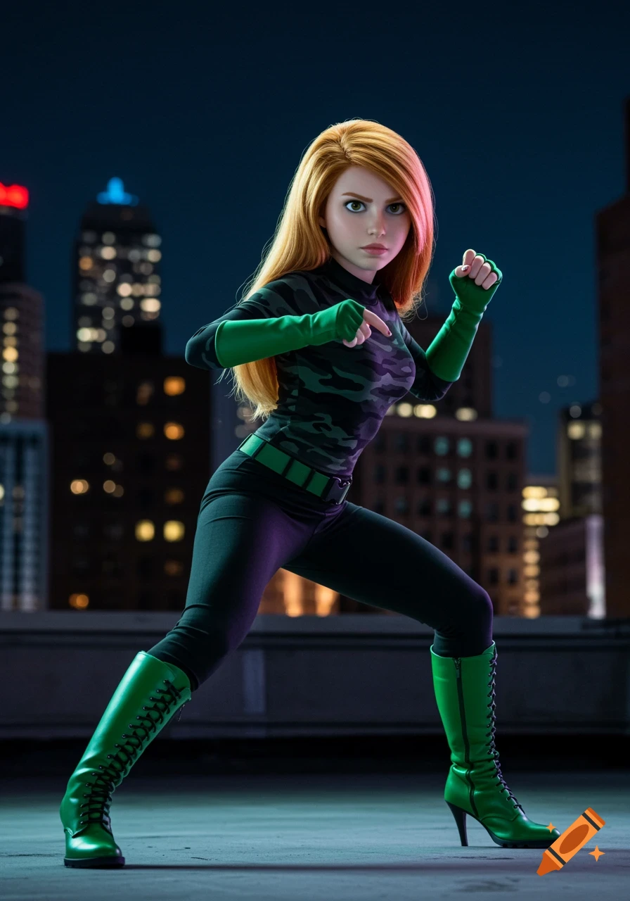 Woman dressed as Kim Possible in green and black costume poses on a rooftop at night.