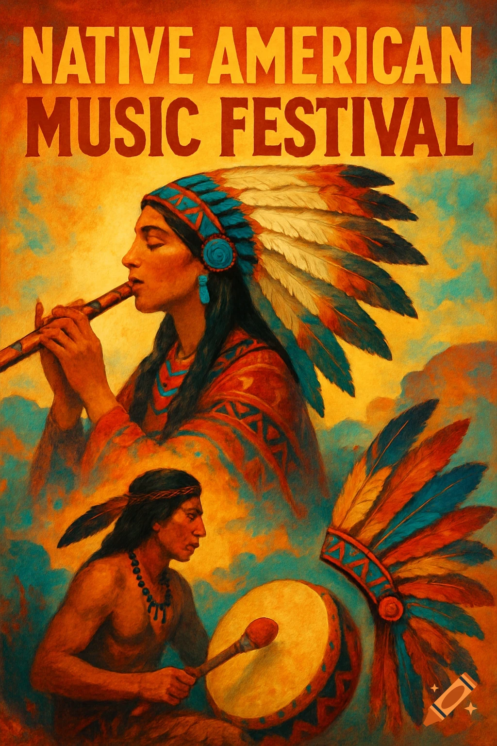 Poster art of Native Americans playing a flute and drum for a music festival in a painterly style.