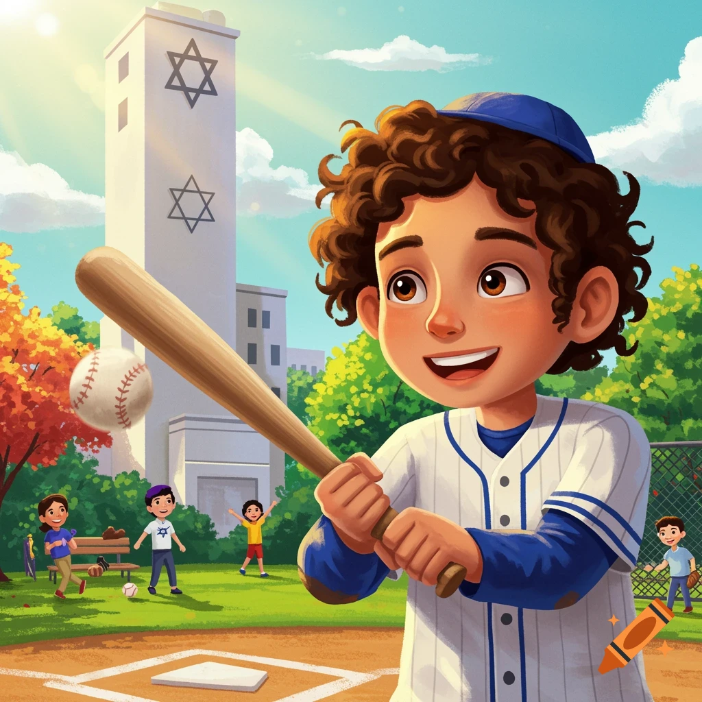Cartoon illustration of a Jewish boy playing baseball with other kids near a building with Stars of David.