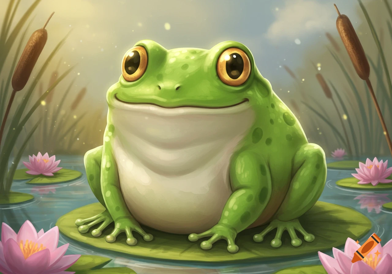A cute, fat green frog sits on a lily pad in a pond with lily flowers and cattails, illustration style.