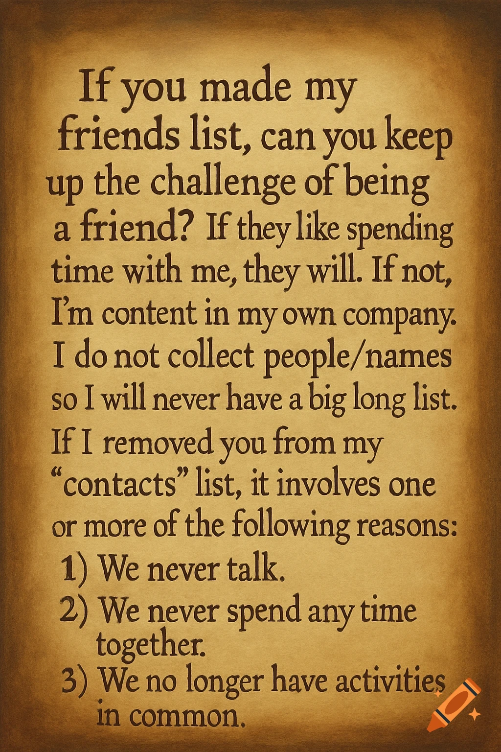 Text quote about friendship and contact lists on a textured background.