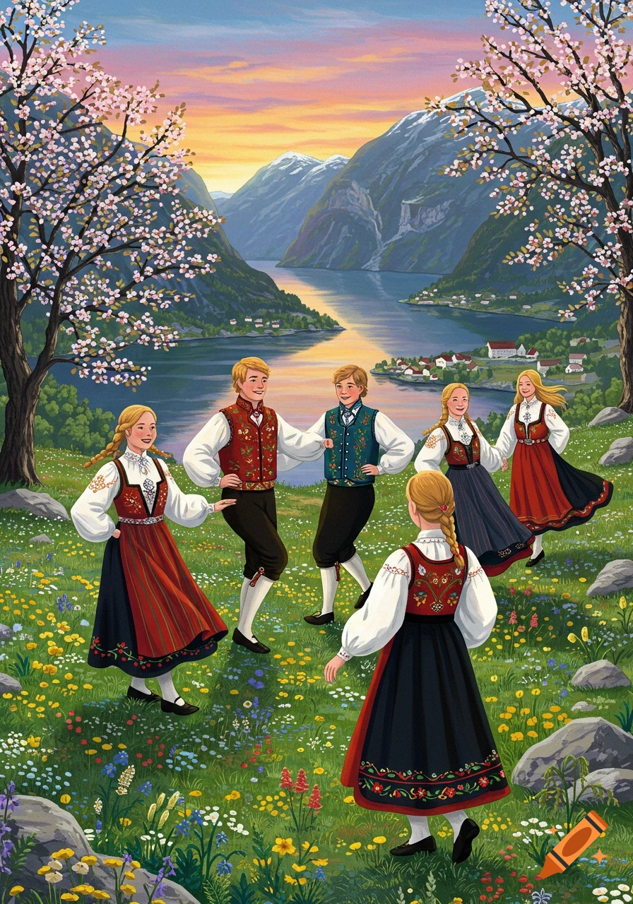 People in traditional Norwegian clothing dance in a spring field by a fjord. Illustration.