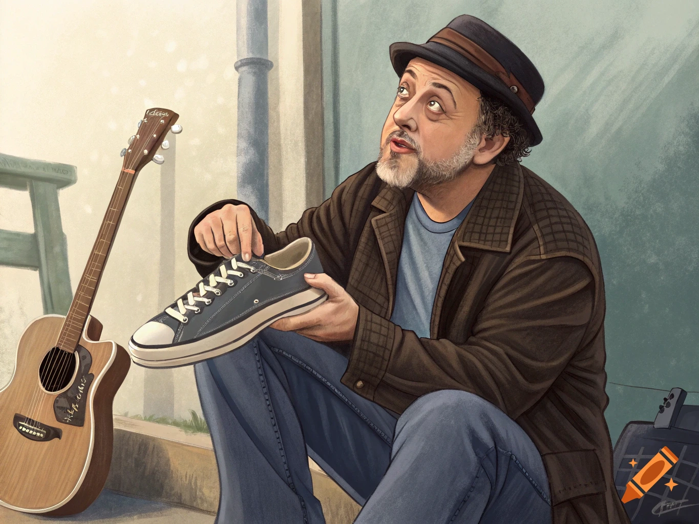 Illustration of a man with a beard and hat, sitting next to a guitar and holding a blue shoe.