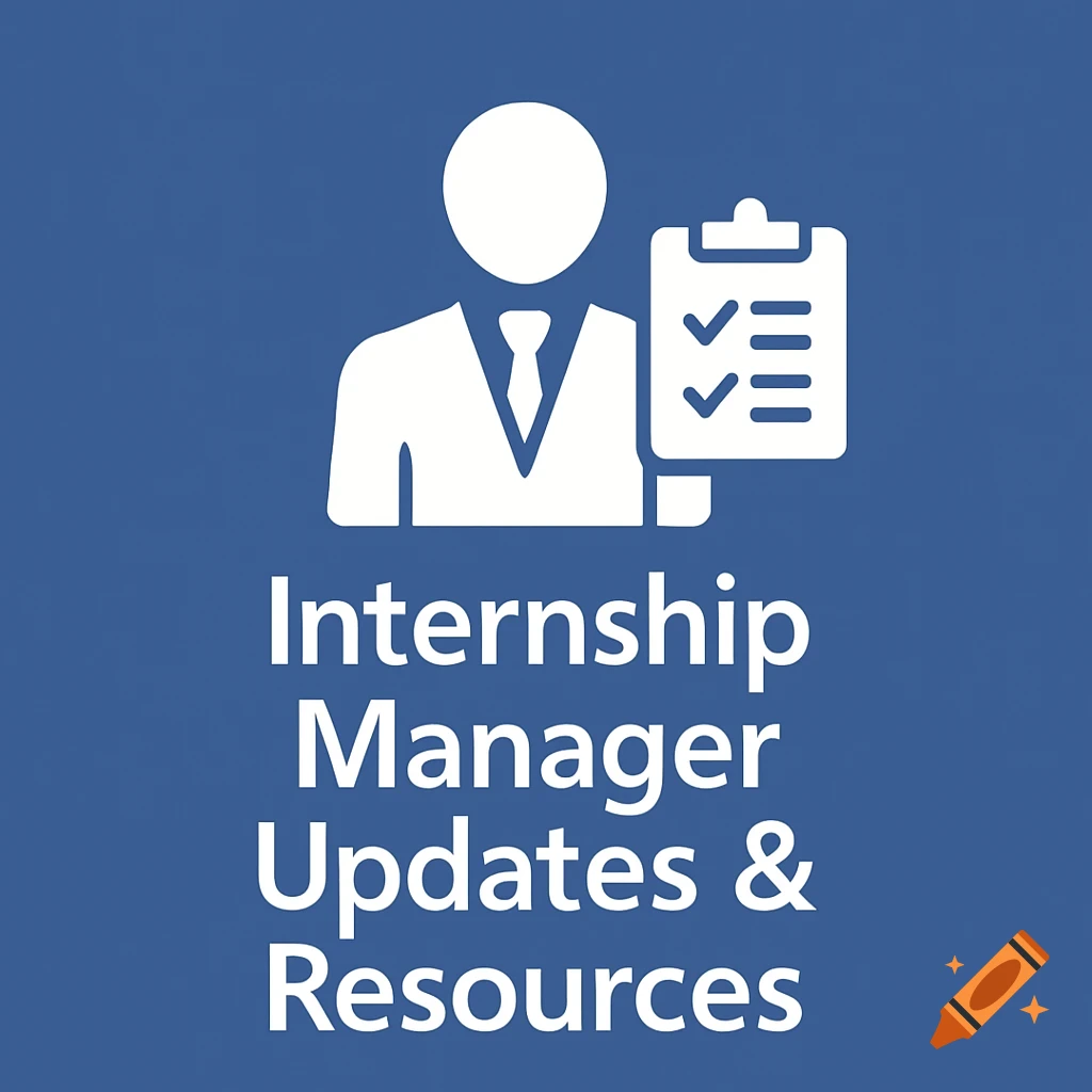 White icon of a person in a suit next to a clipboard with checklists, above the text "Internship Manager Updates & Resources" on a blue background.