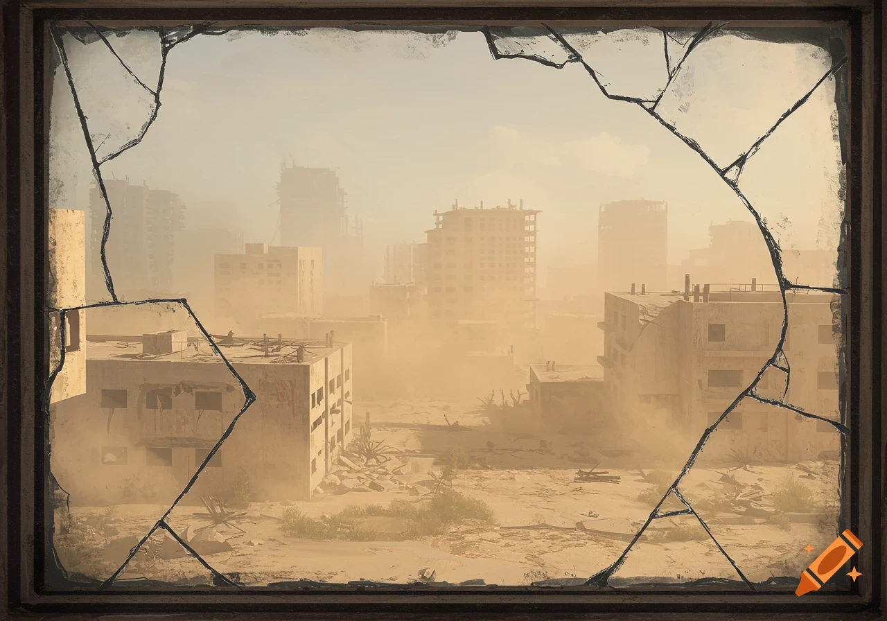 View of a dusty, ruined city through a cracked window frame.