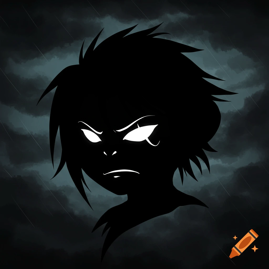 Stylized silhouette of a face with glowing eyes and mouth against a dark, stormy background with rain.