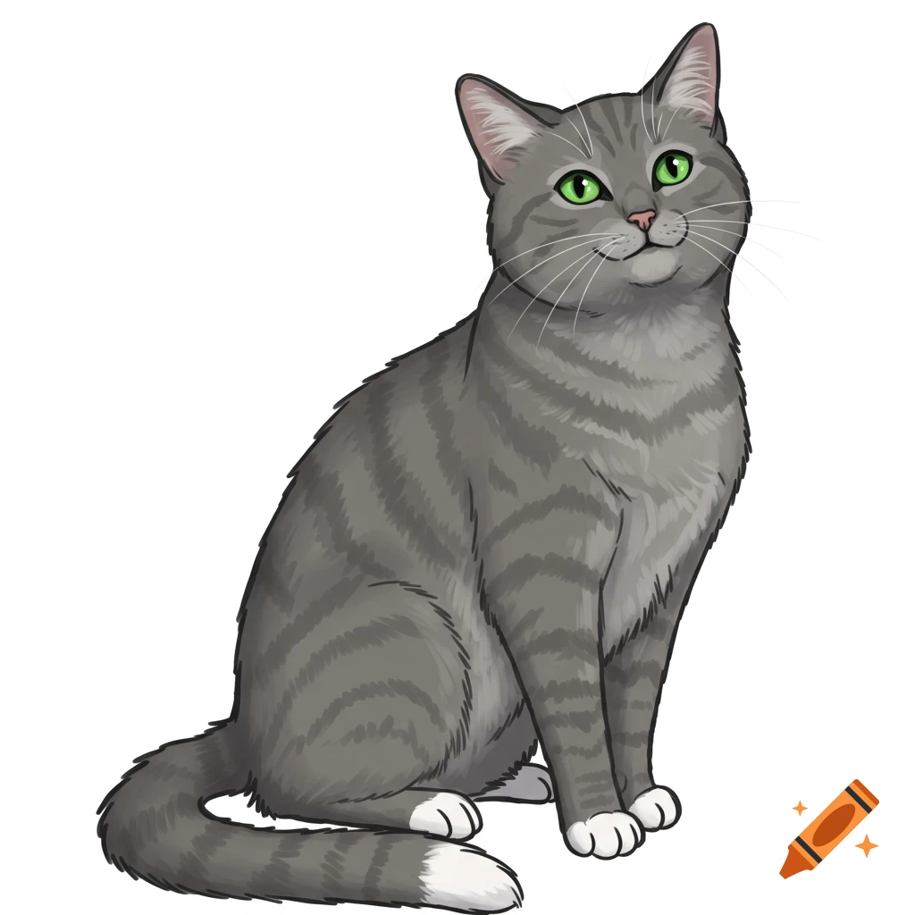 An illustration of a grey tabby cat with green eyes and white paws ...