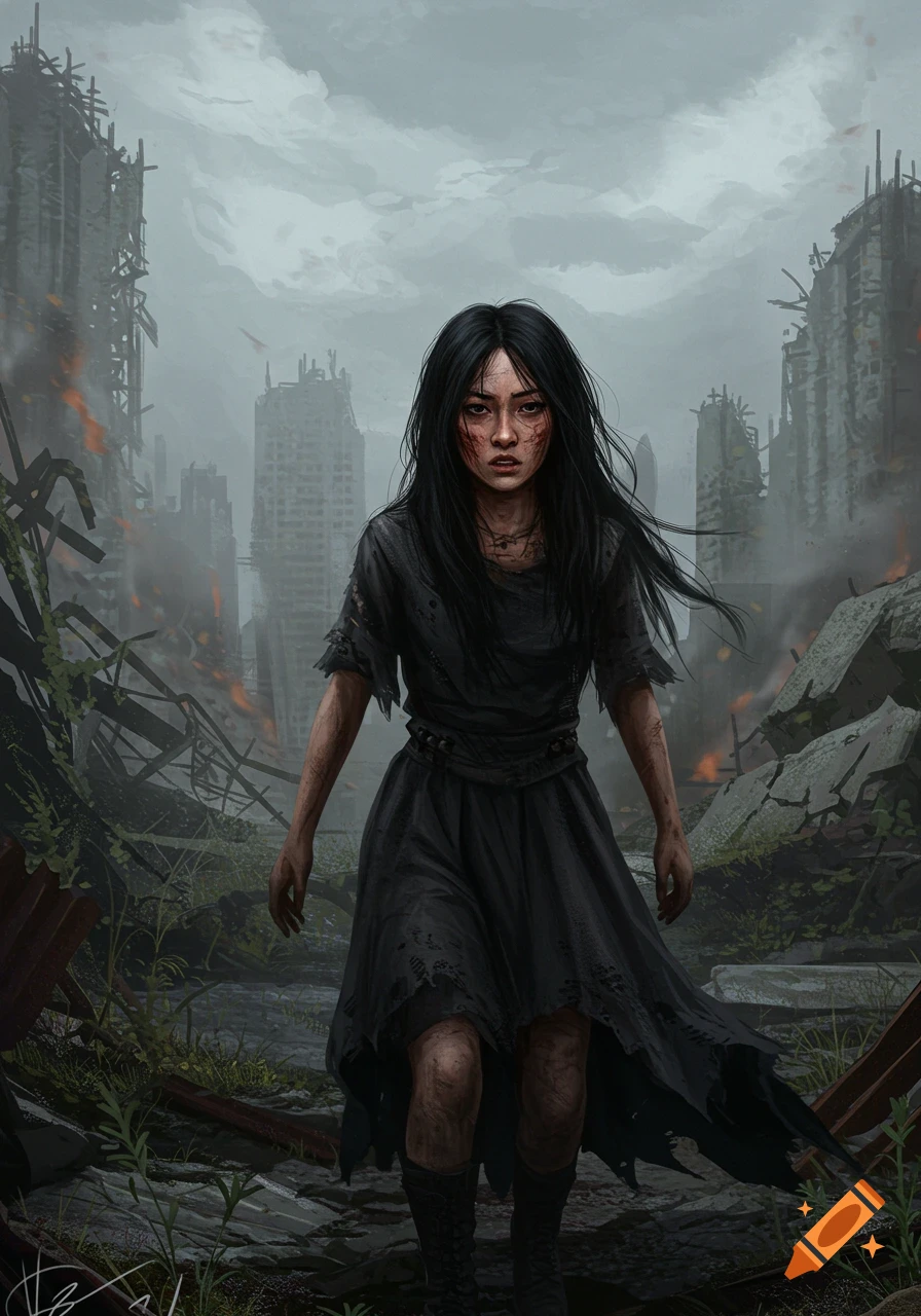 A woman with dirt on her face and tattered clothes walks through a ruined city.