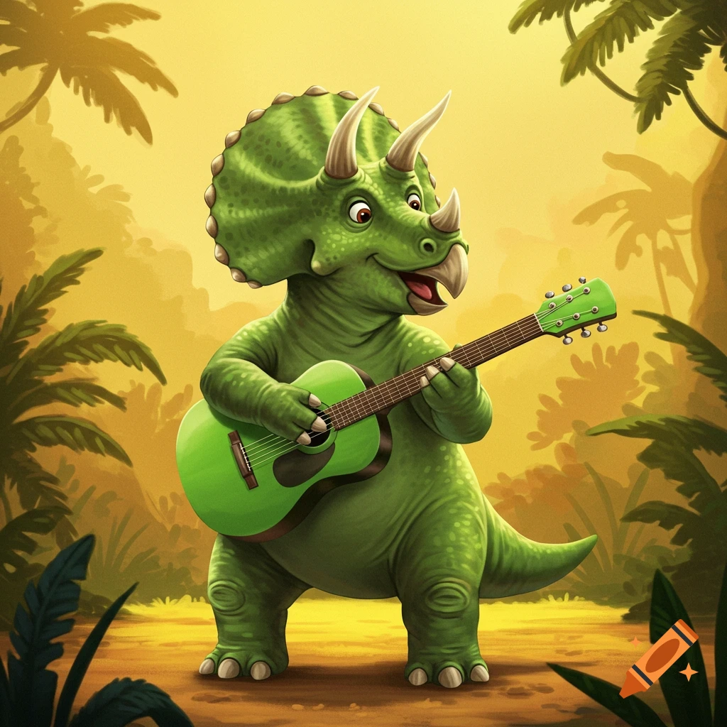 A cartoon green triceratops stands on its hind legs playing a green guitar in a jungle setting.