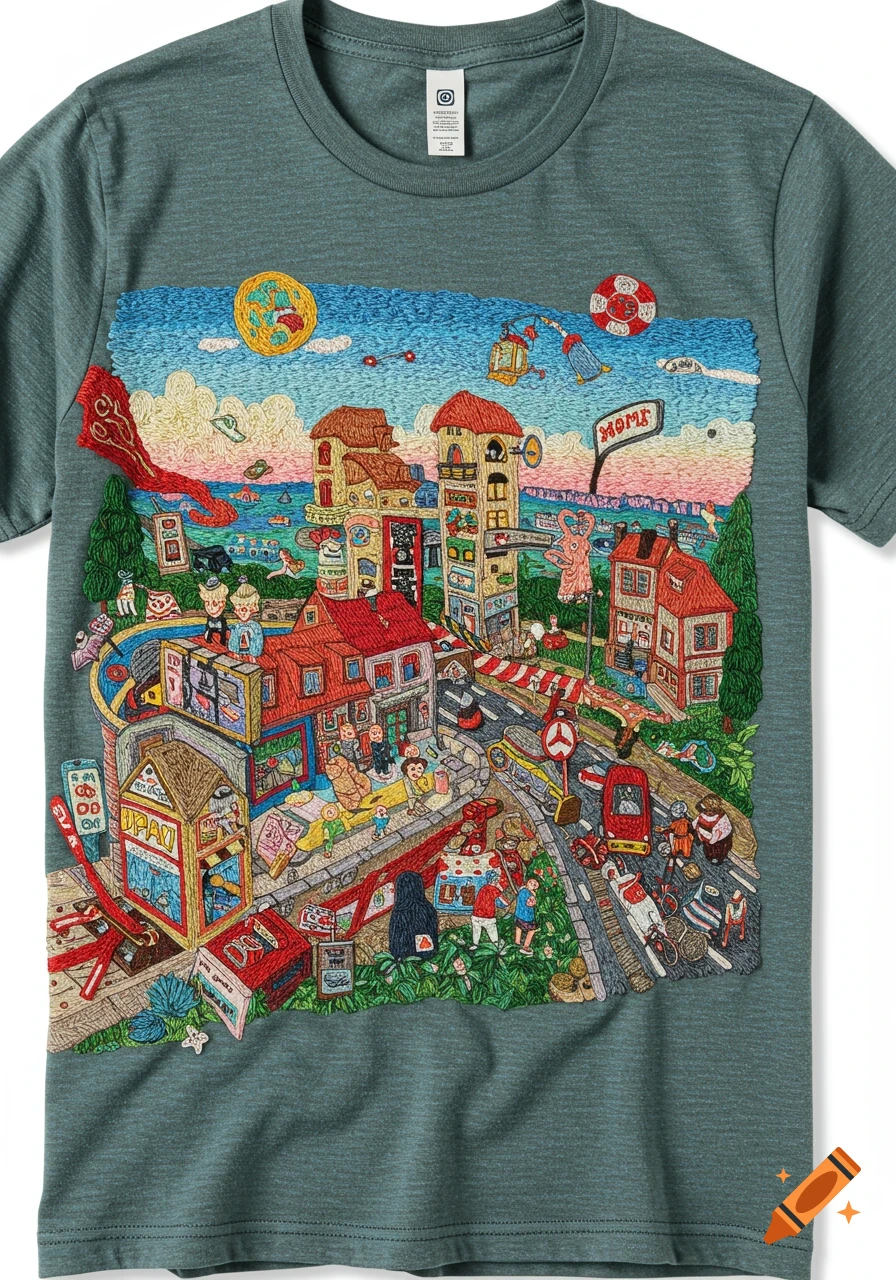 Embroidered illustration on a t-shirt showing a colorful, busy city scene.