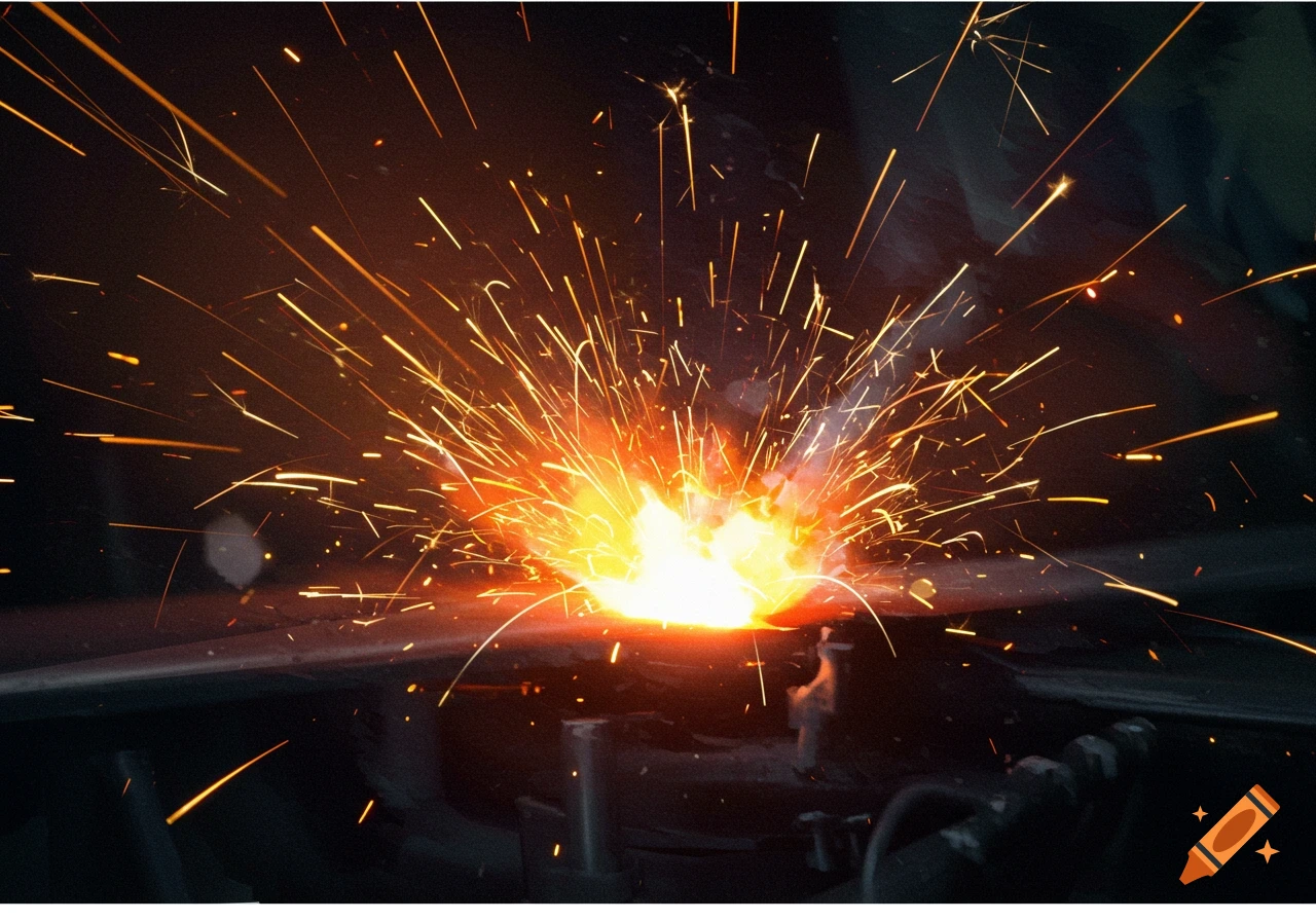 Bright orange sparks fly from a metalworking process against a dark background.