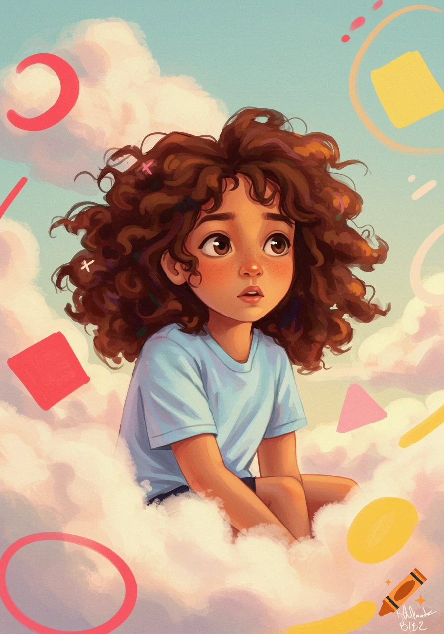 Stylized digital painting of a young person sitting in clouds with abstract shapes.