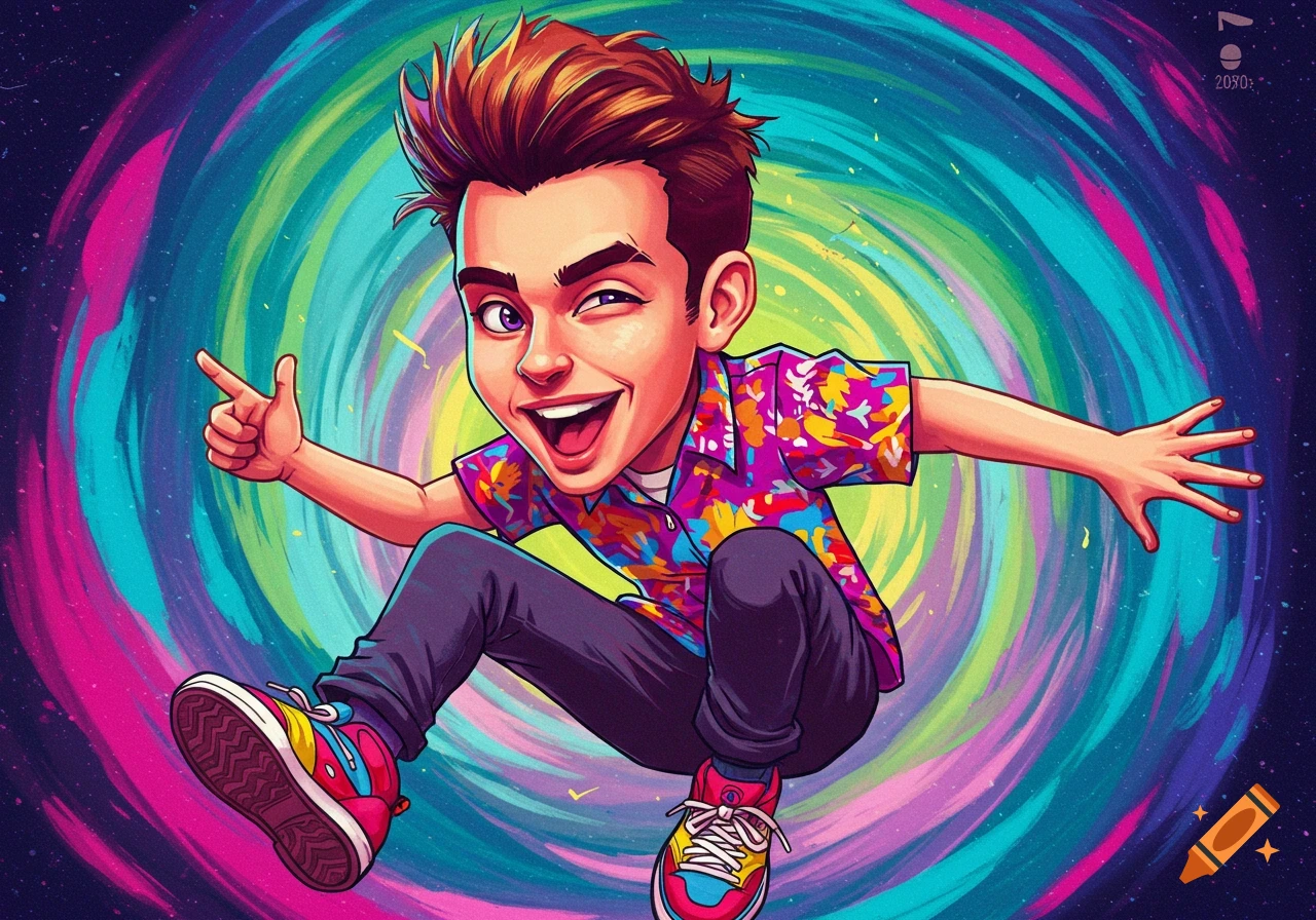 Cartoon caricature of a young man jumping with a vibrant swirling background.