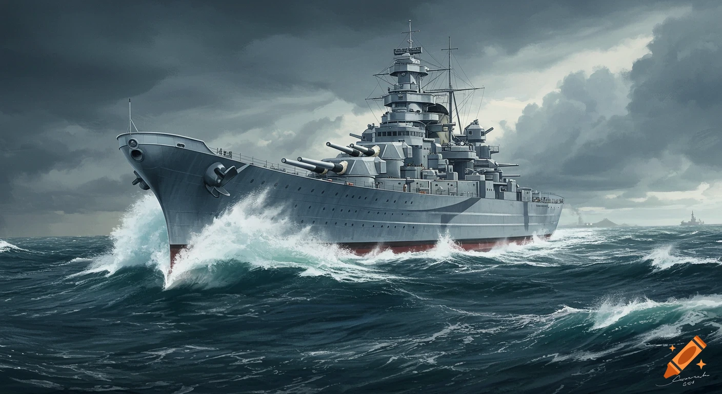A large battleship sails through rough seas under a stormy sky.